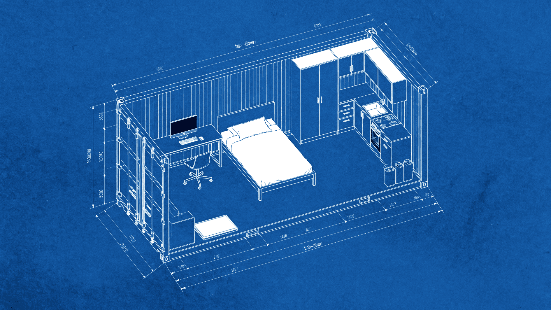 blueprint diagram of shipping container converted into living space with bed, desk, kitchen, and storage layout
