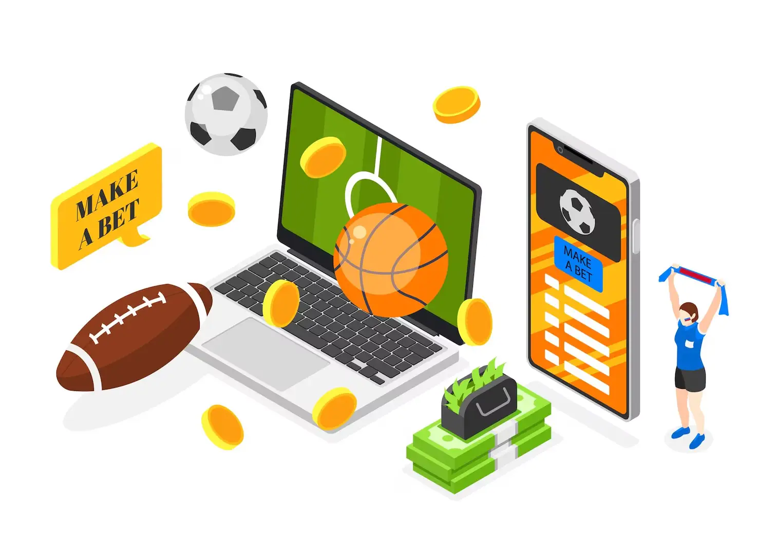 Sports betting setup with laptop, smartphone, cash stacks, coins, and a cheering fan icon
