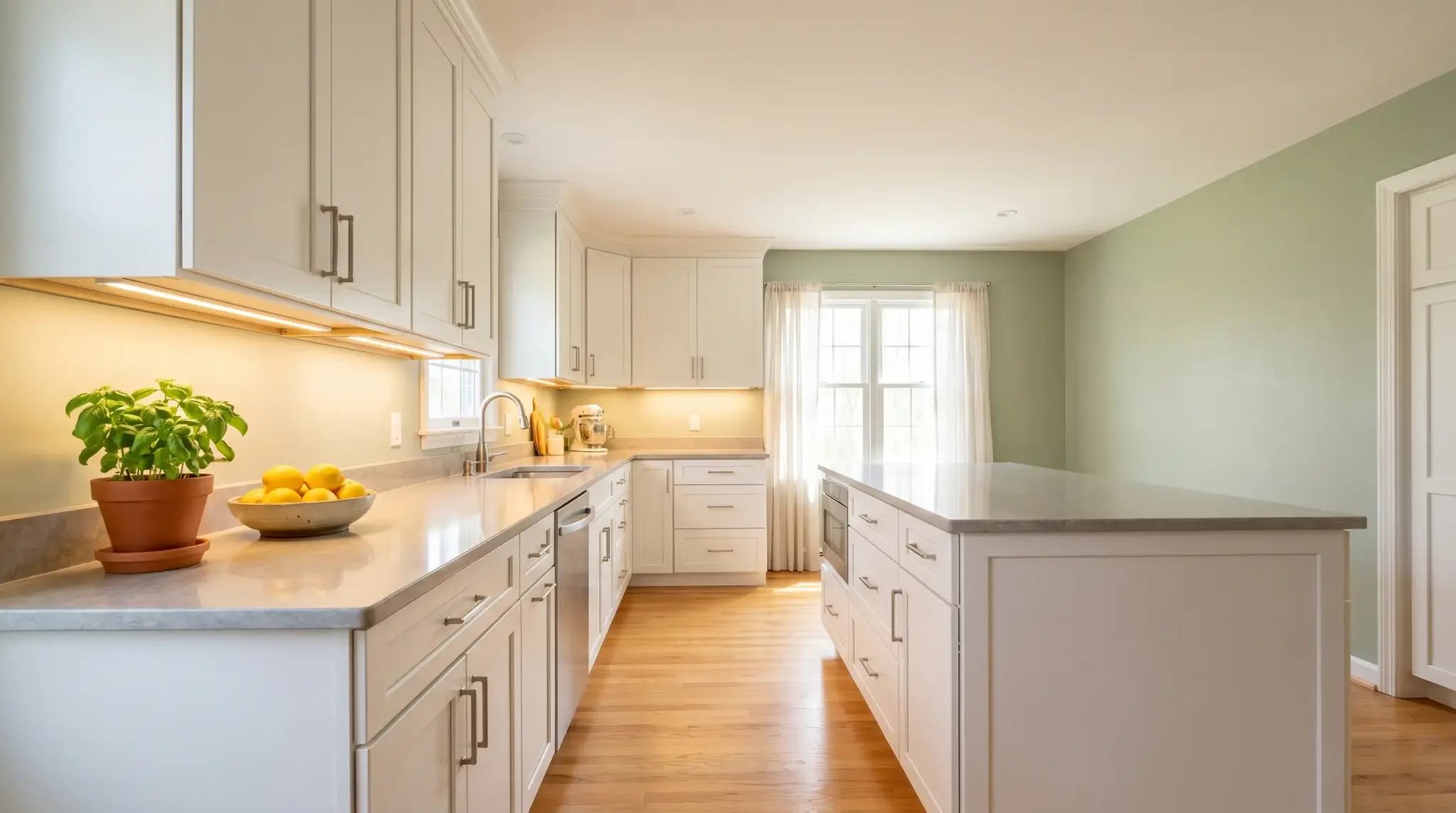 Bright modern kitchen with white cabinets, green wall, and wooden flooring, featuring basil plant and lemons