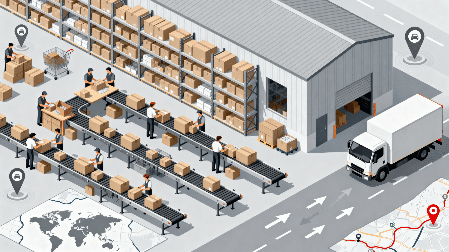 busy warehouse with conveyor belts, workers packing boxes, and trucks loading shipments for outbound logistics operations