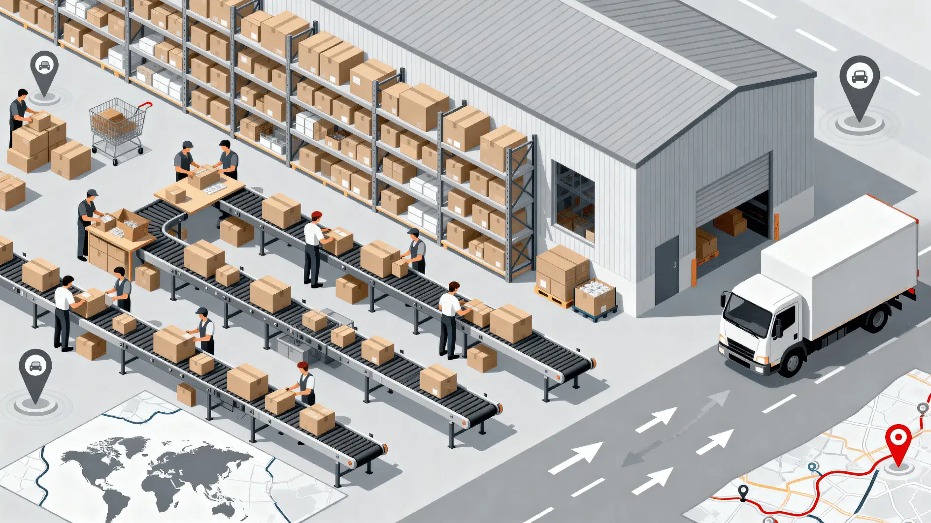 busy warehouse with conveyor belts, workers packing boxes, and trucks loading shipments for outbound logistics operations