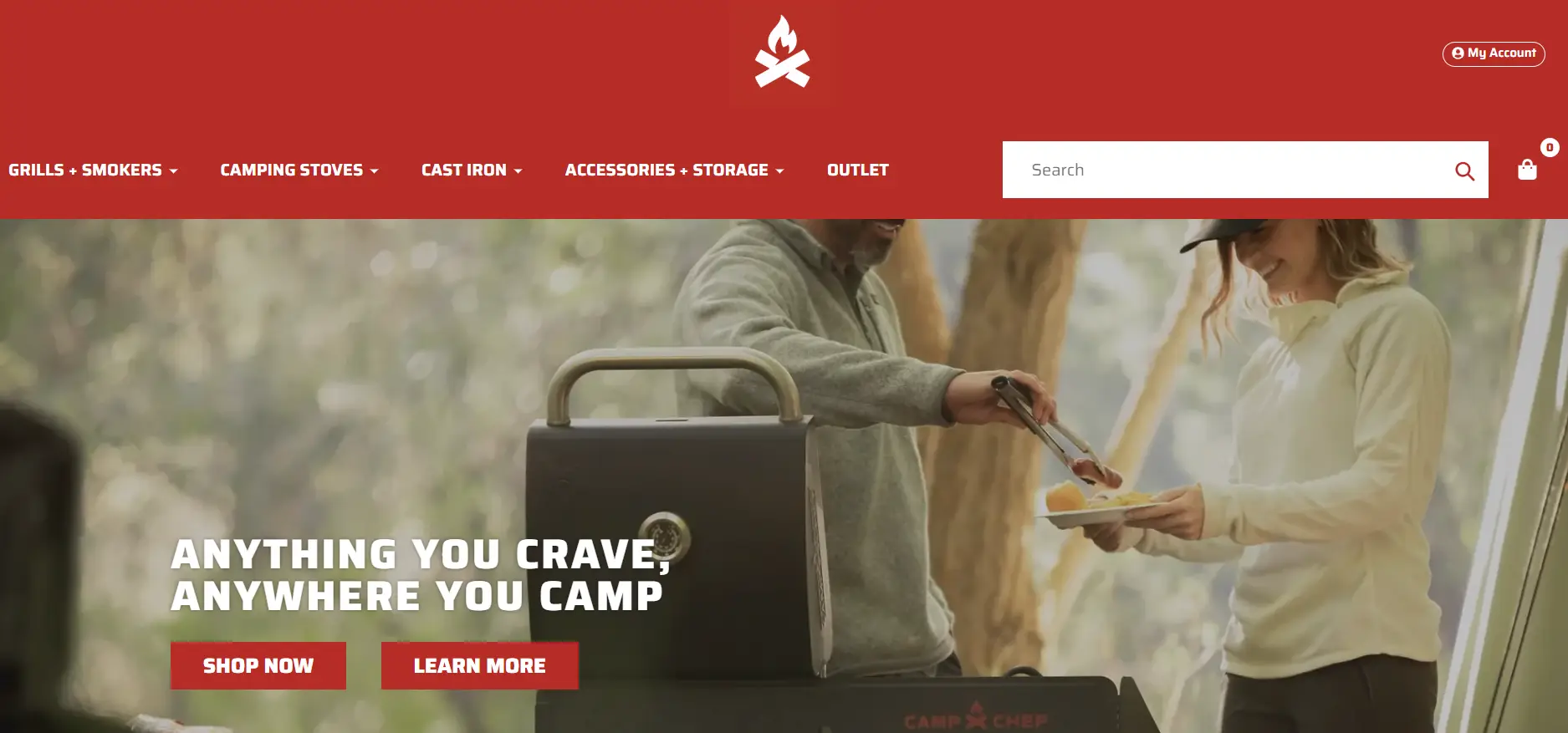 Man serving food from portable grill to woman in outdoor setting