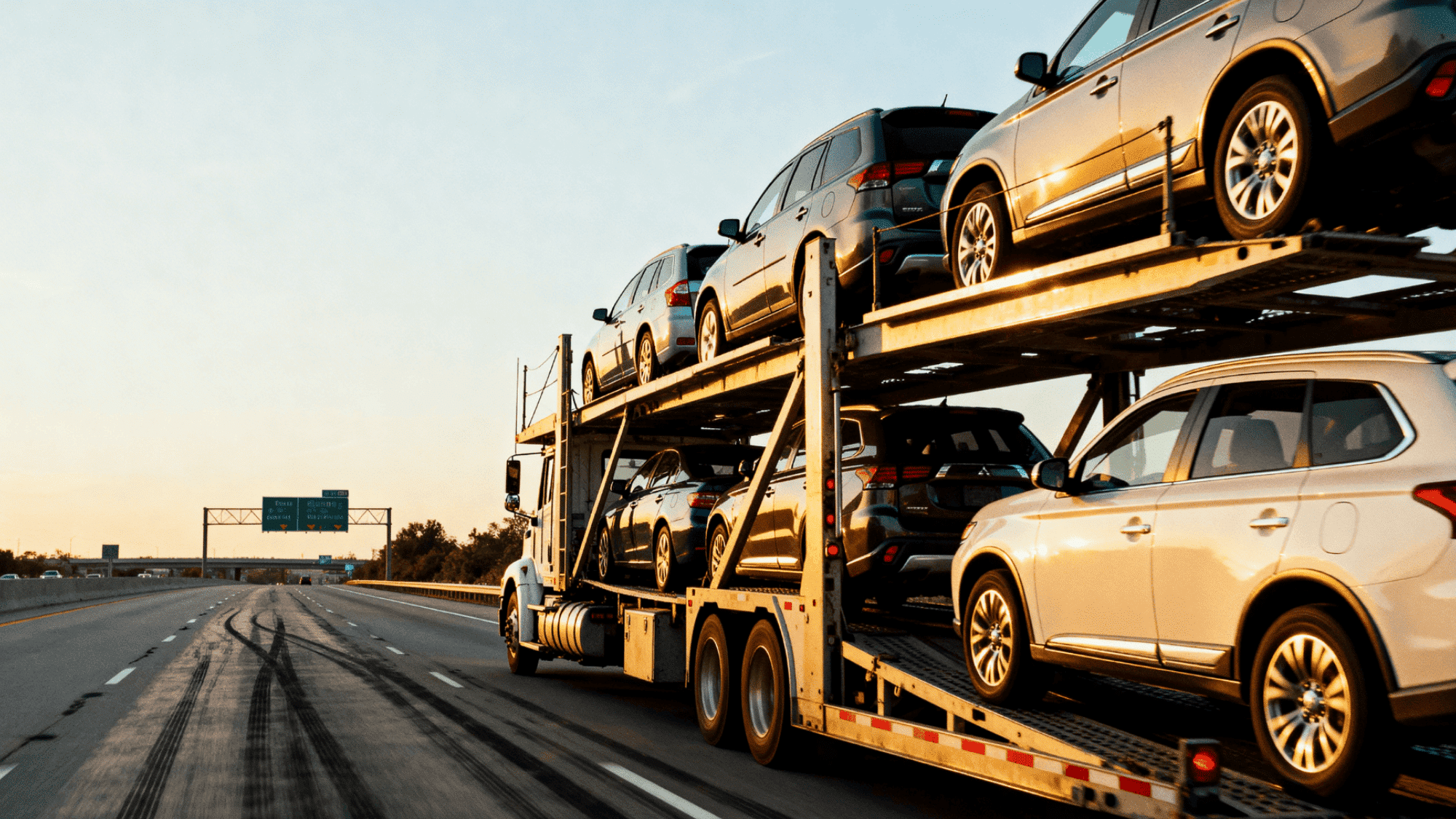 car carrier truck transporting multiple vehicles on highway at sunset with cars secured on multi-level trailer