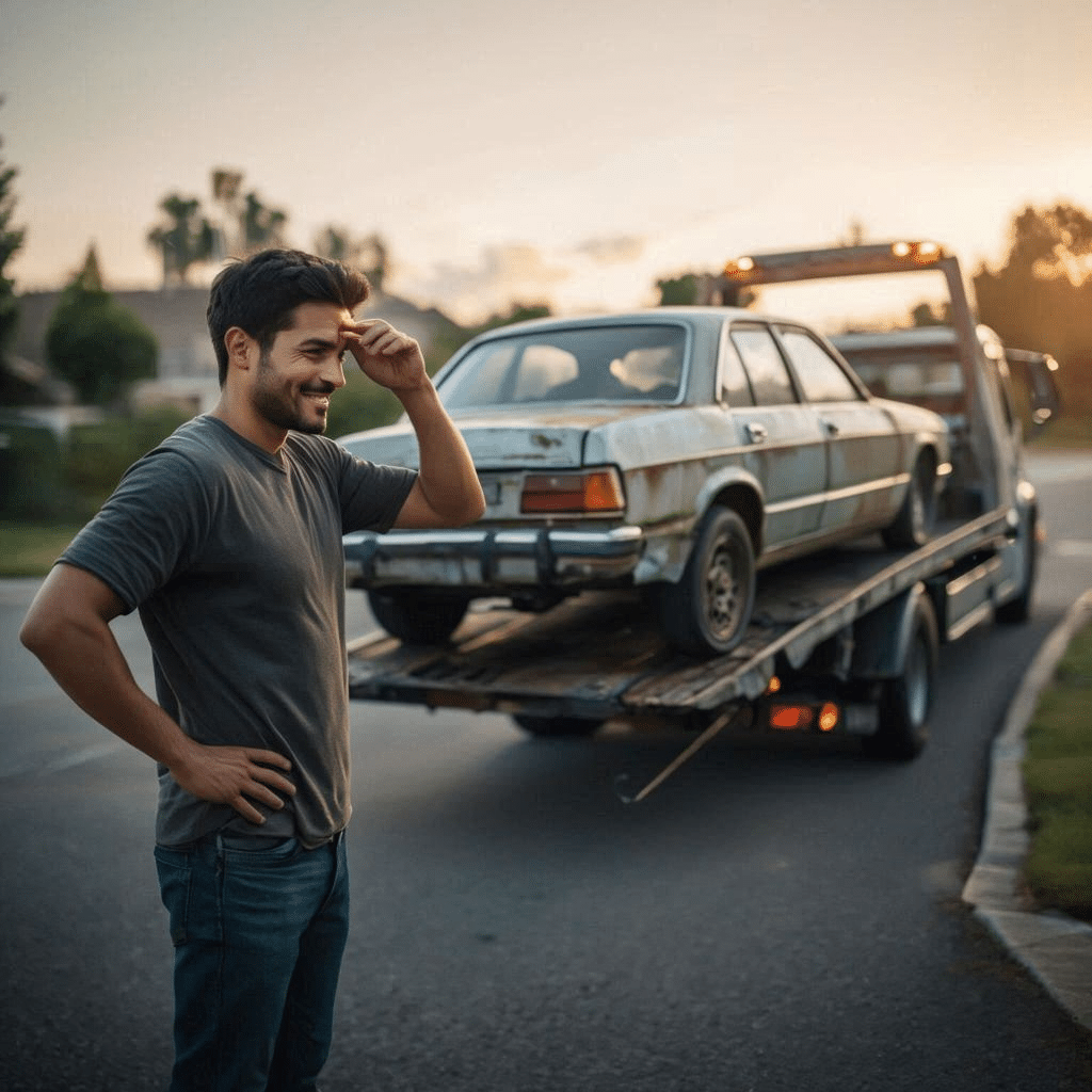 car owner looking relieved as a tow truck pulls his old car away