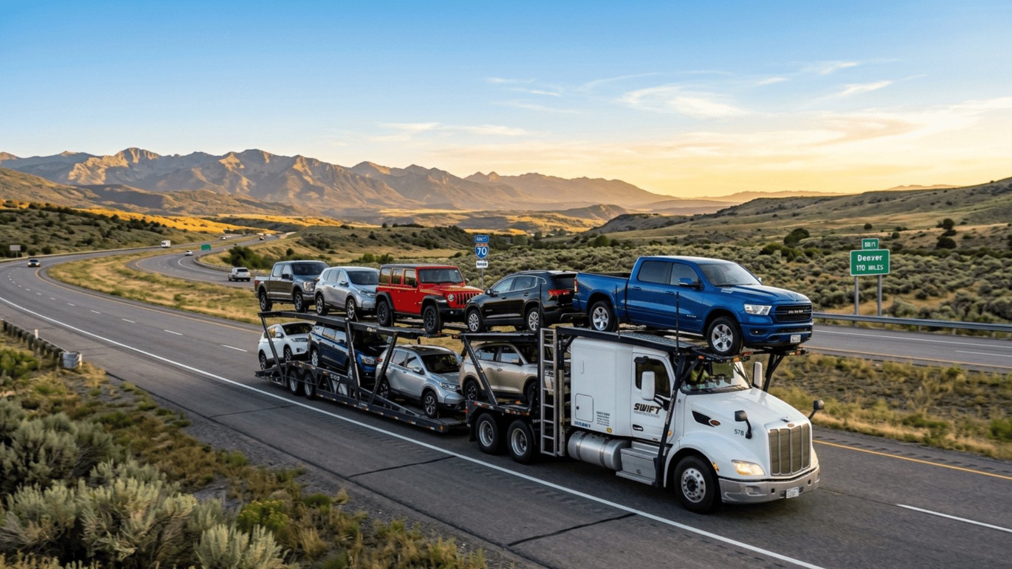 car carrier truck transporting multiple vehicles on highway with mountains in background during sunset drive