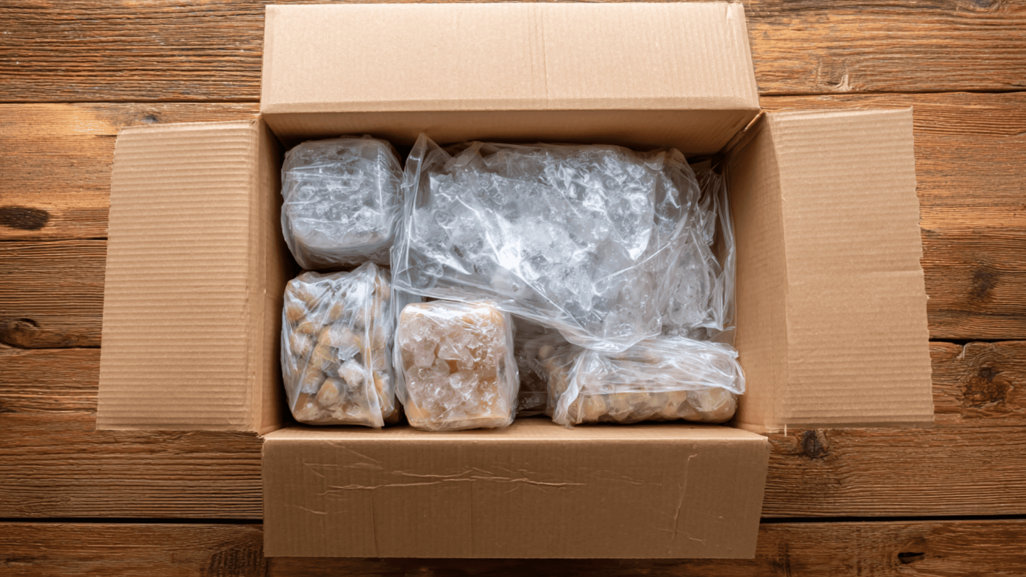 cardboard box filled with packaged food containers for shipping on wooden table