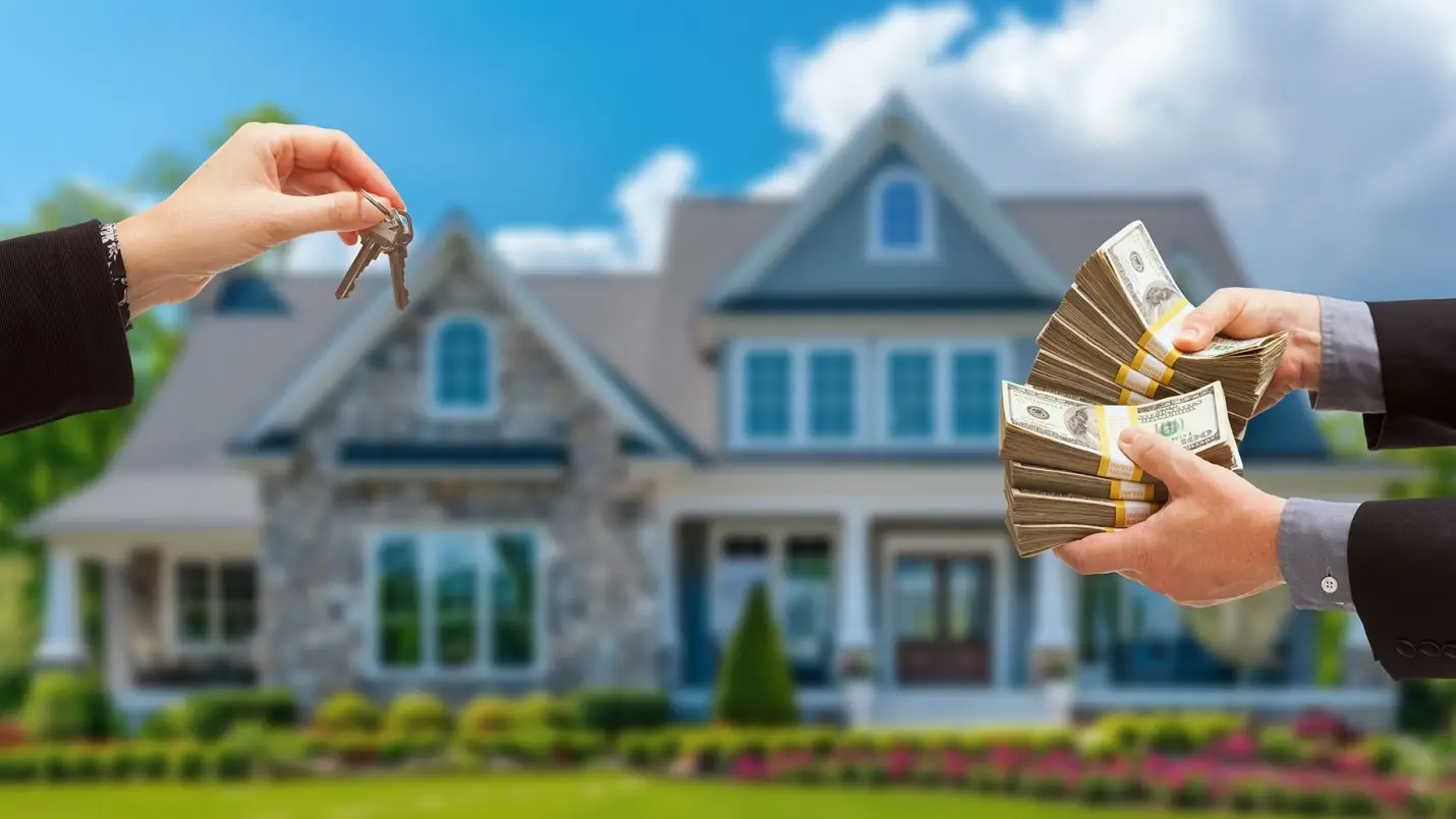 Exchange of house keys and cash in front of a suburban home