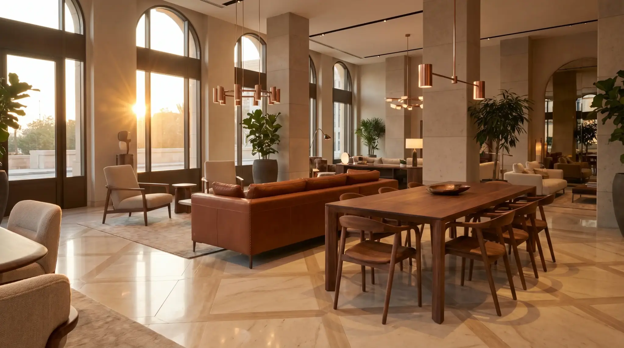 Luxurious living room with leather sofa, wooden dining table, and large windows in warm sunset light