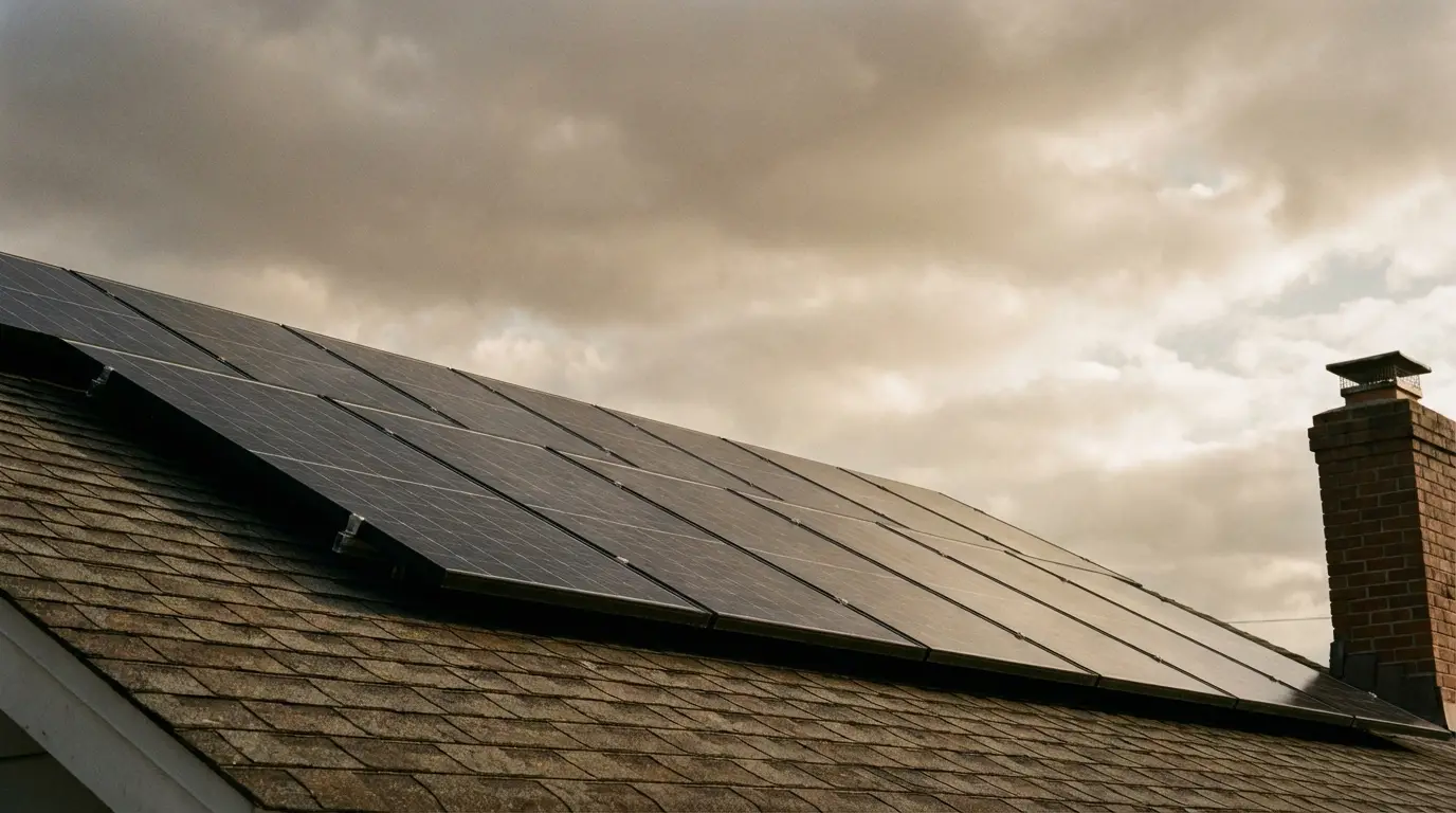 Solar panels installed on a shingled roof under a cloudy sky.
