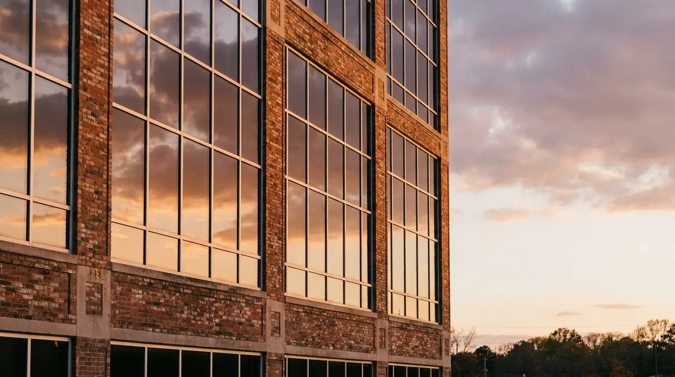 Brick building with large windows reflecting a colorful sunset sky