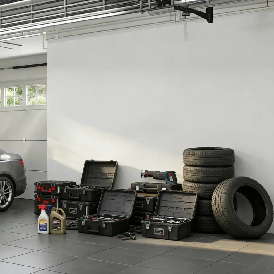 Organized garage with toolboxes, spare tires, and car care supplies on tiled floor