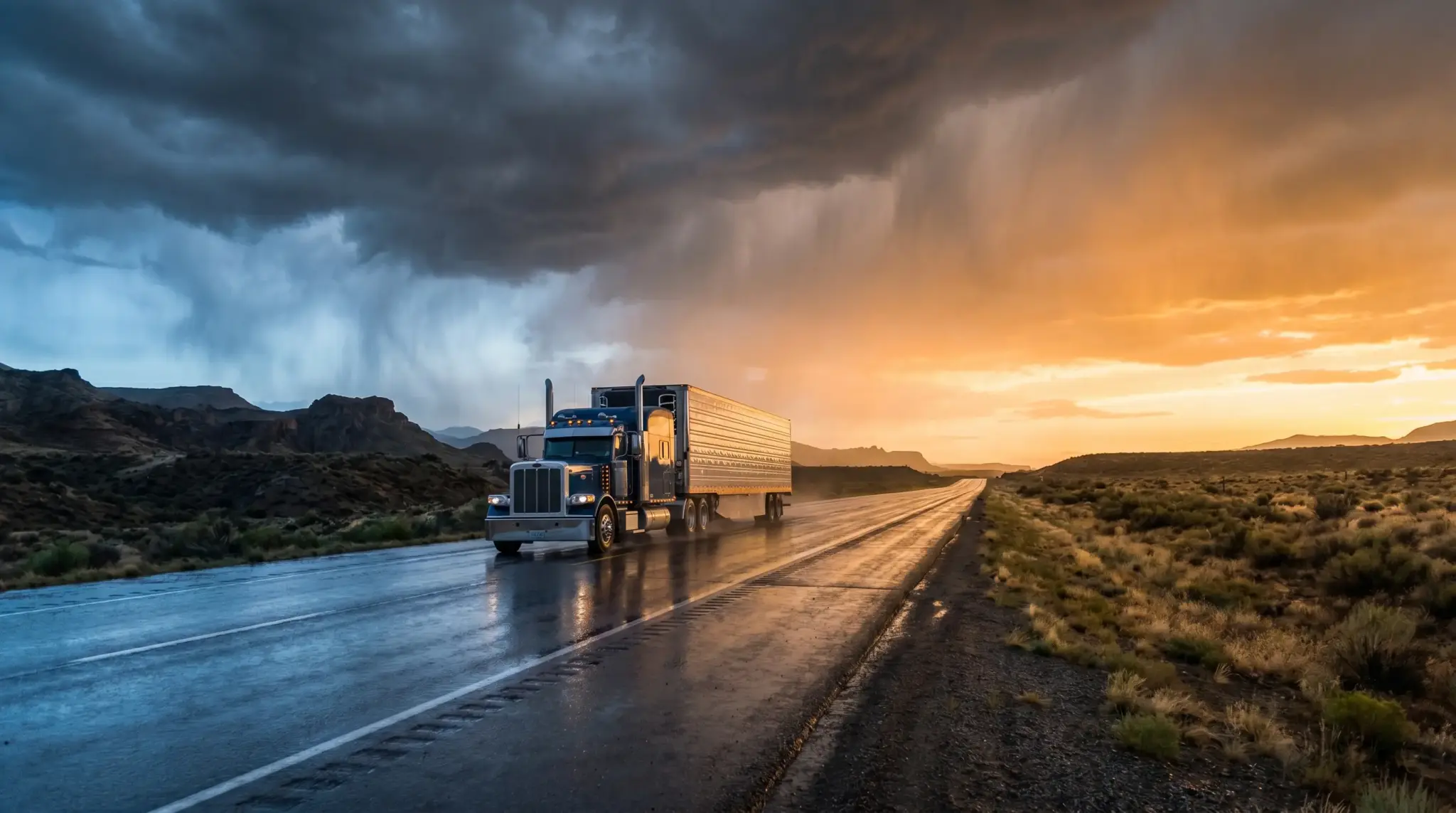 Truck driving on wet highway under dramatic stormy sunset sky in a desert landscape