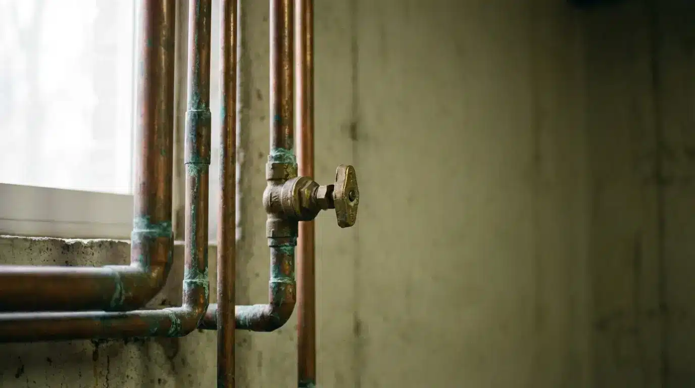 Copper pipes with valve against cement wall in dimly lit basement setting