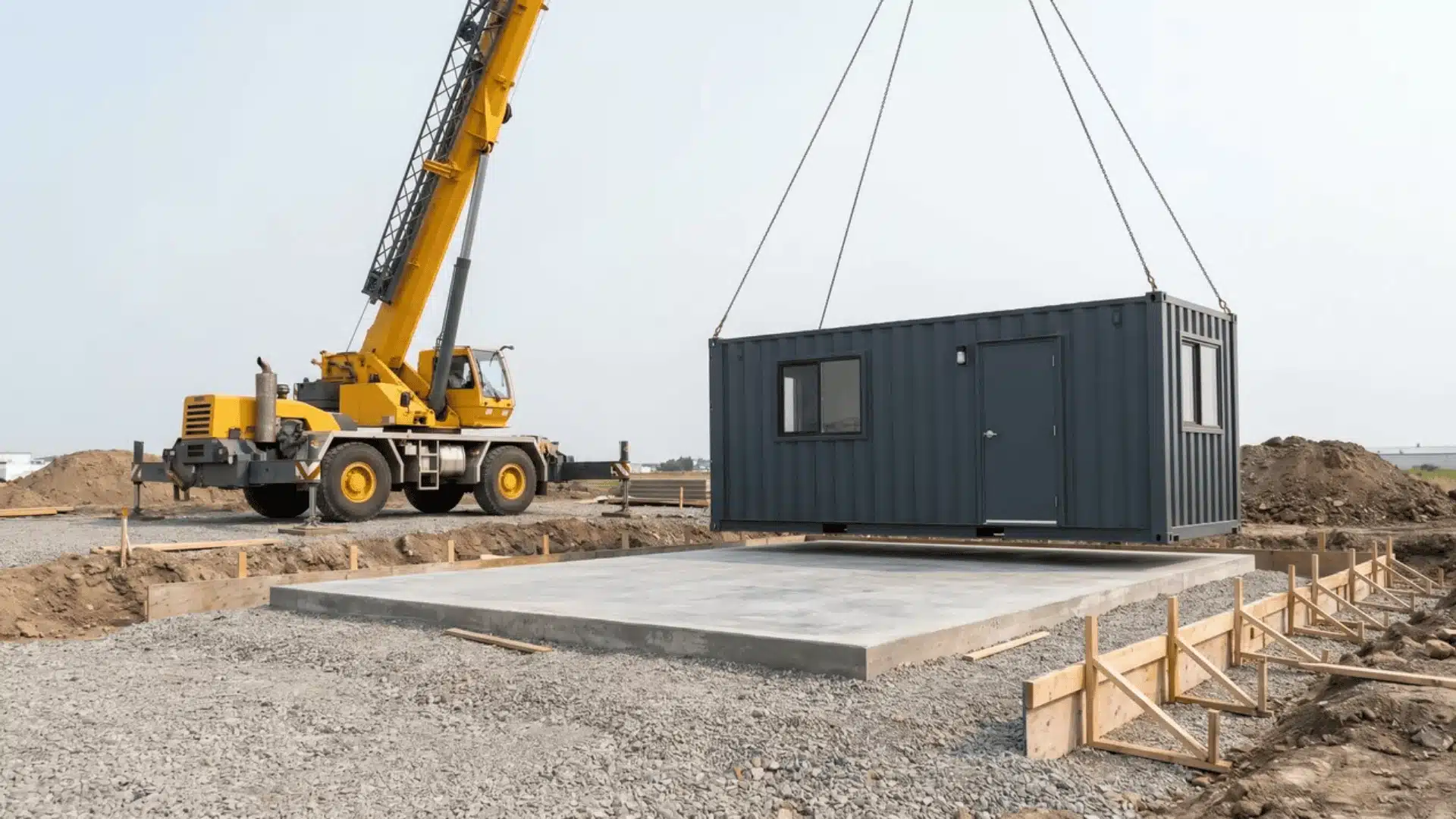 Crane placing shipping container office onto concrete slab