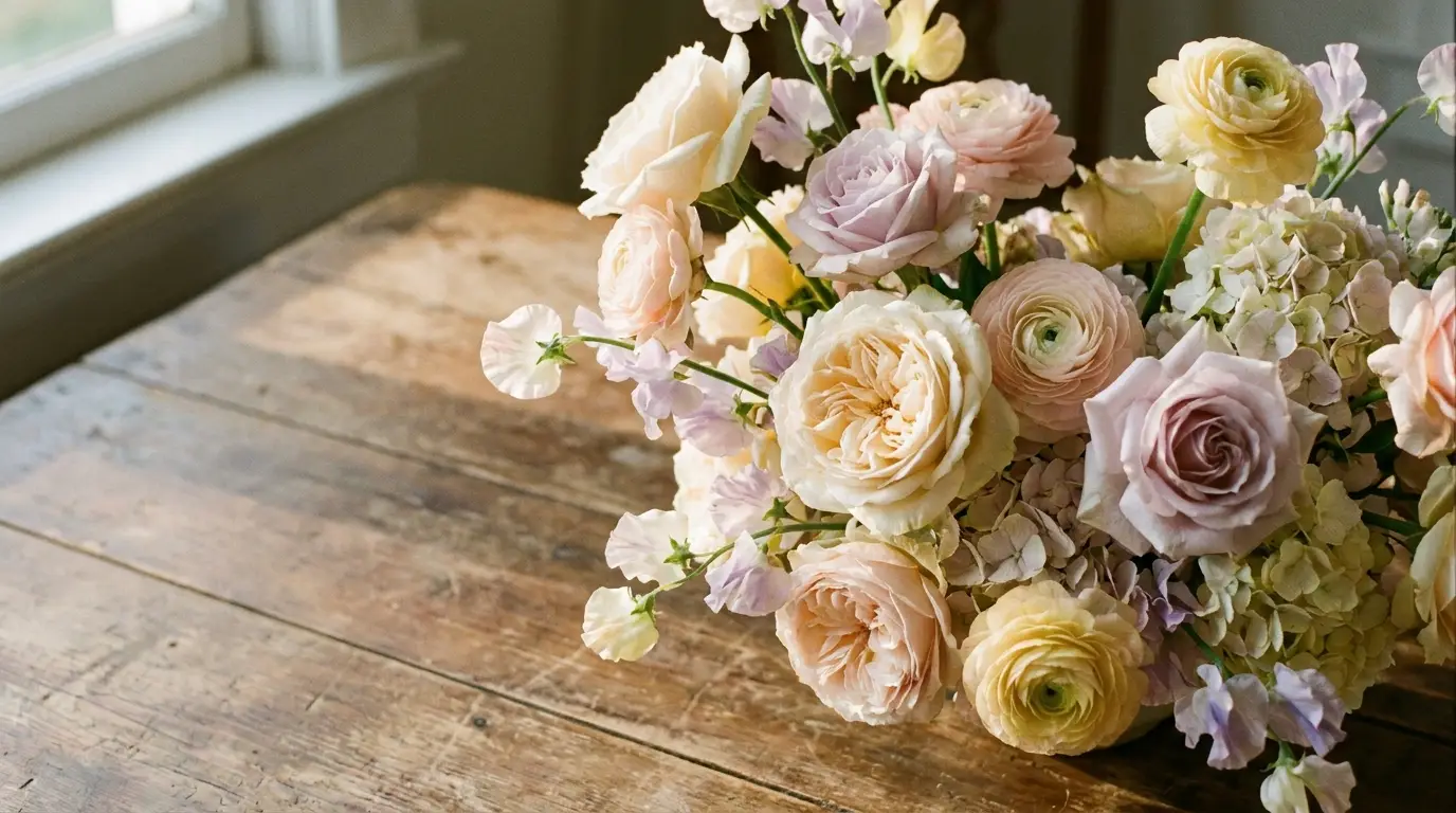 Pastel roses and blossoms in a bouquet on a rustic wooden table