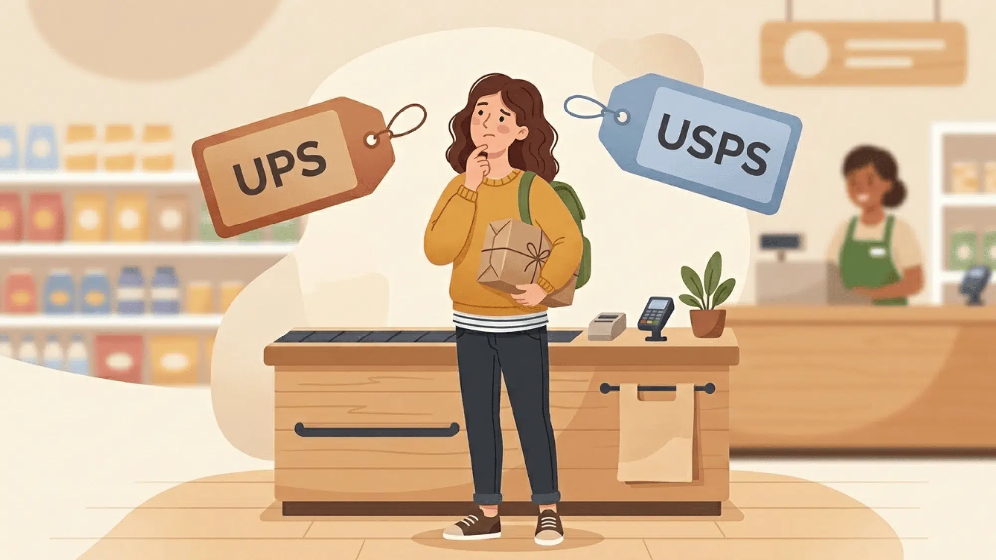 customer holding package at store deciding between ups and usps shipping services