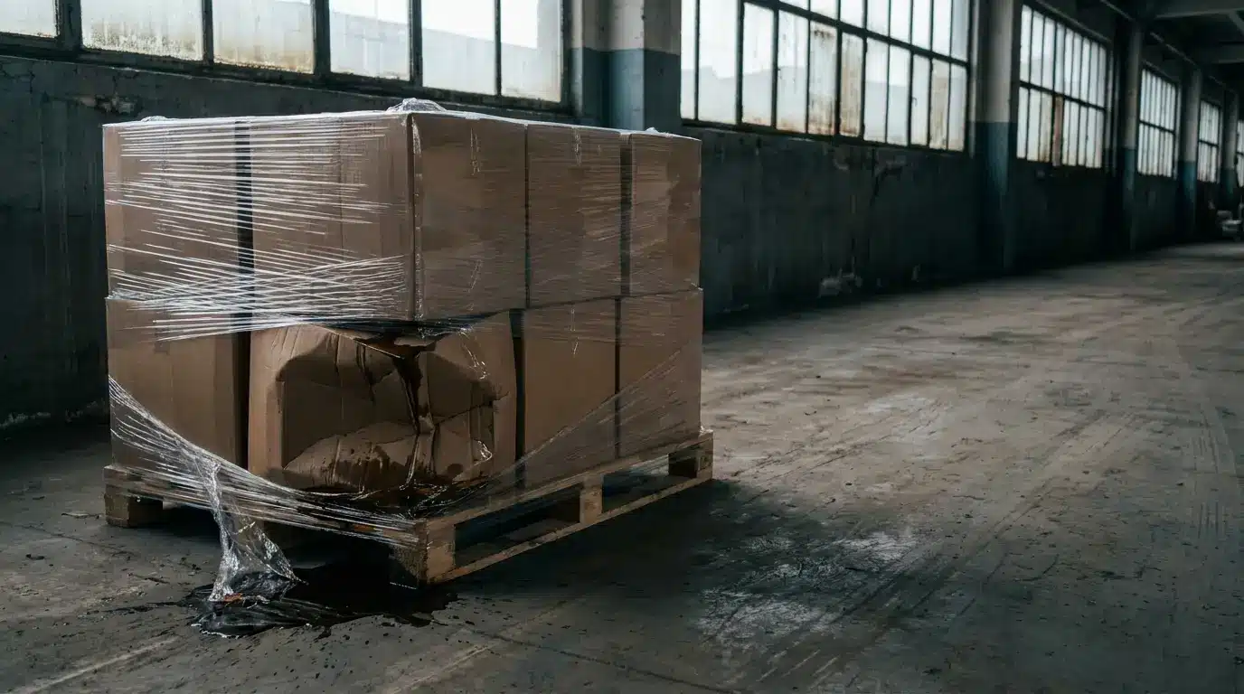 Damaged cardboard boxes on wooden pallet in dimly lit warehouse with cracked concrete floor