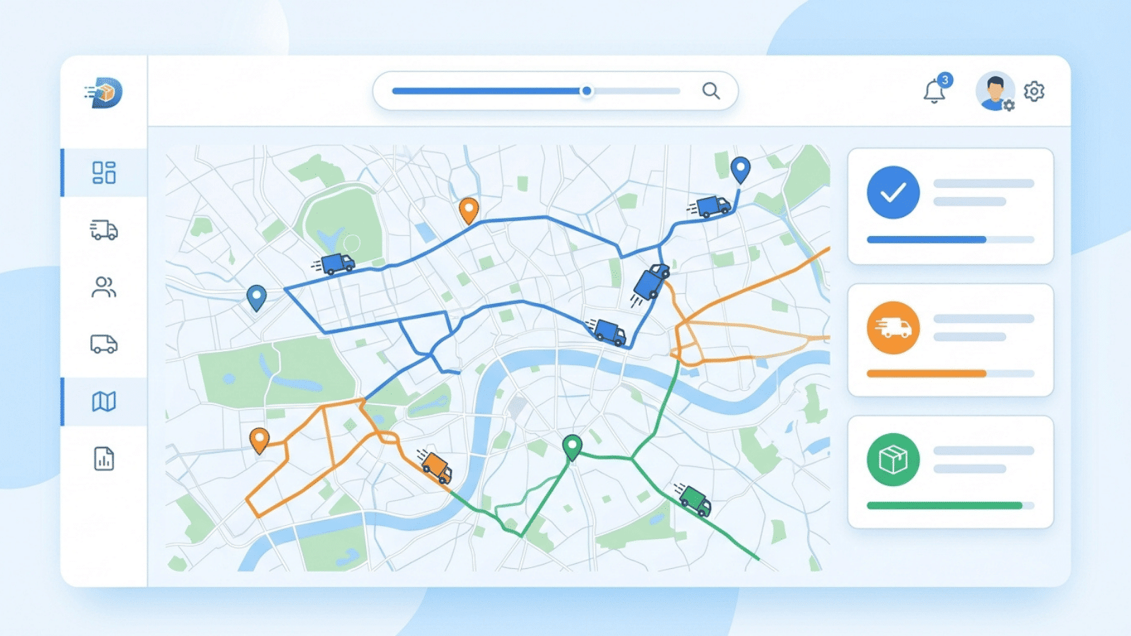 delivery management dashboard showing real-time route tracking, vehicle locations, and logistics data across a city map interface