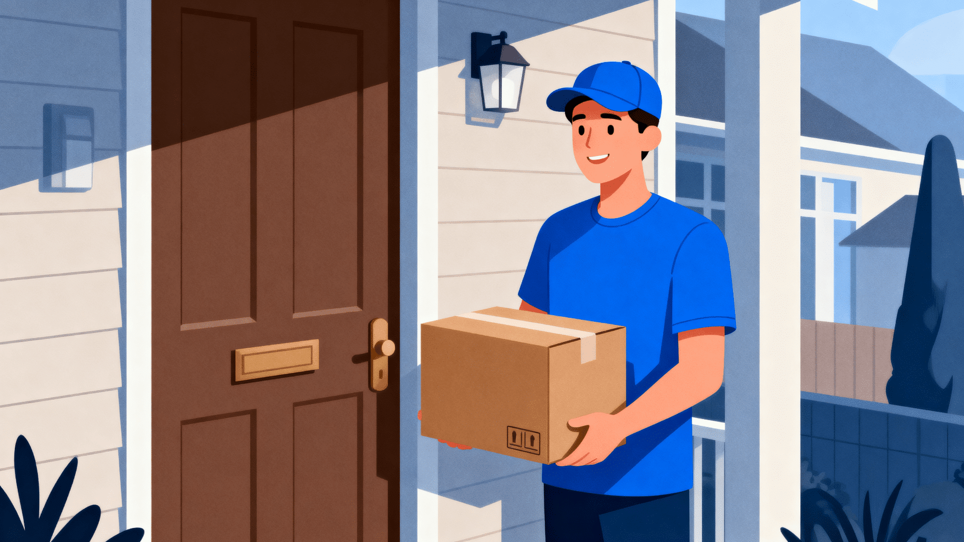 delivery person in blue uniform and cap holding a package at a house door, ready to hand over parcel in residential setting