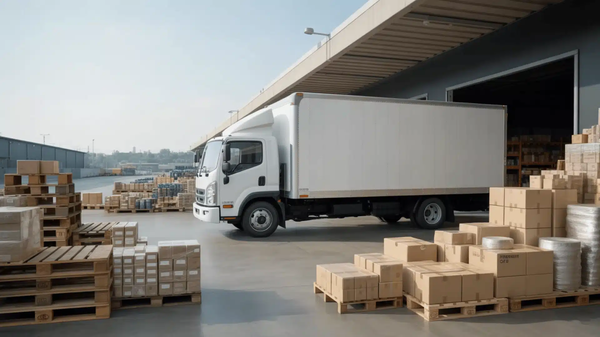 Delivery truck near pallets and boxes on loading dock