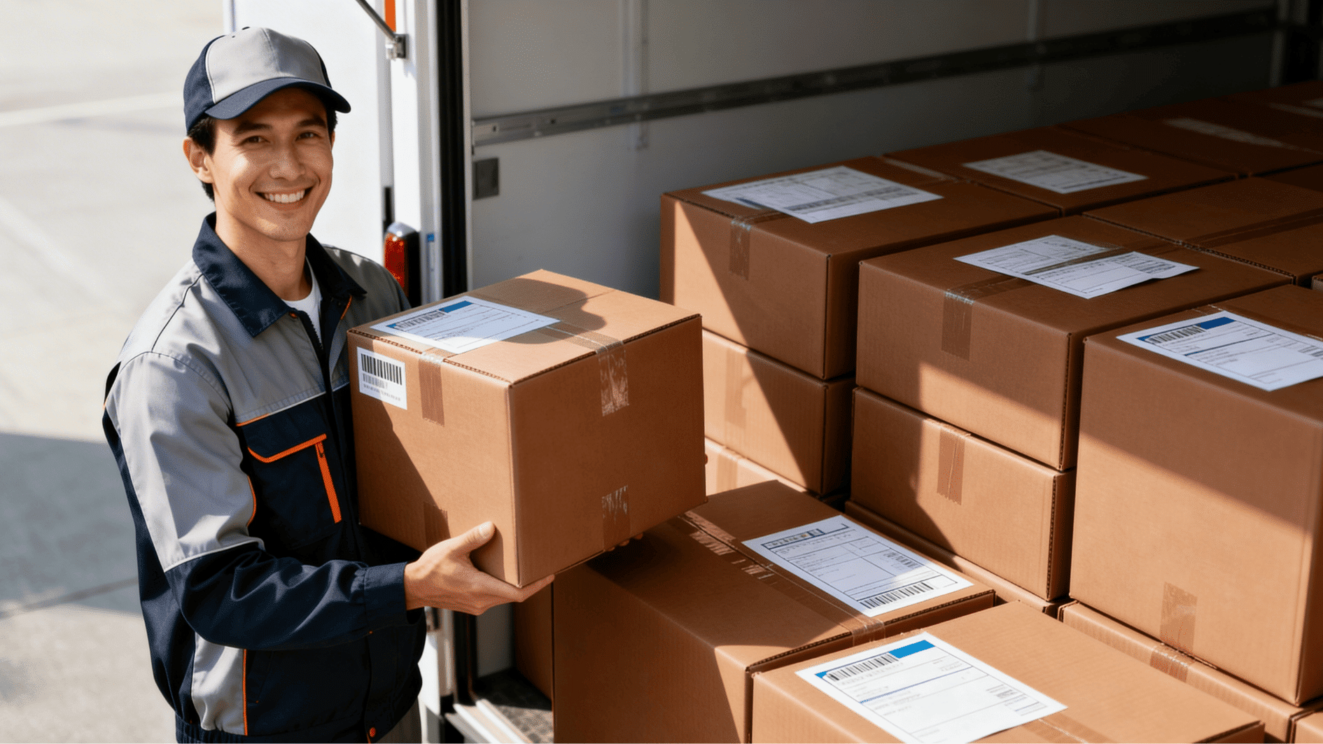 delivery worker unloading labeled boxes from van, smiling while holding package, showcasing last mile logistics operations