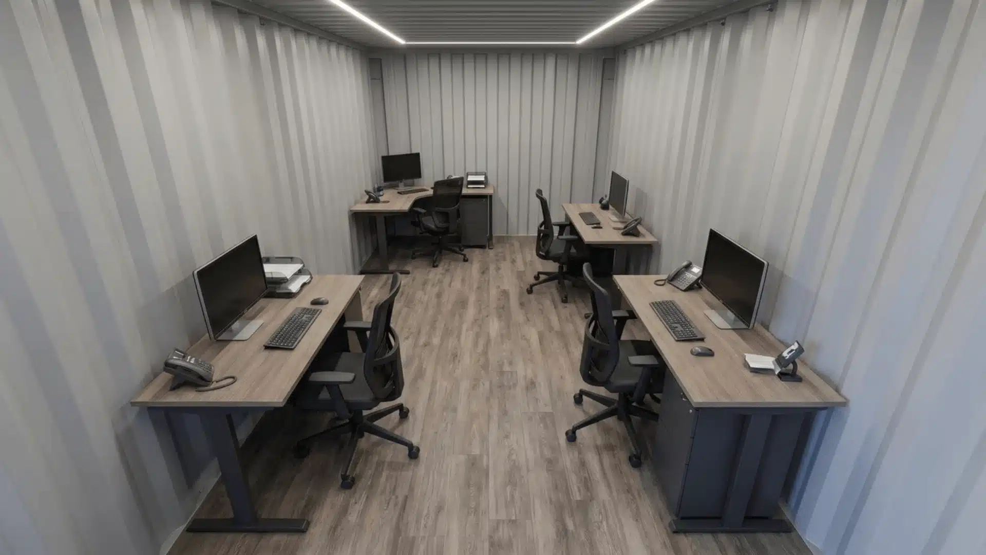 Desk layout inside 20ft shipping container office