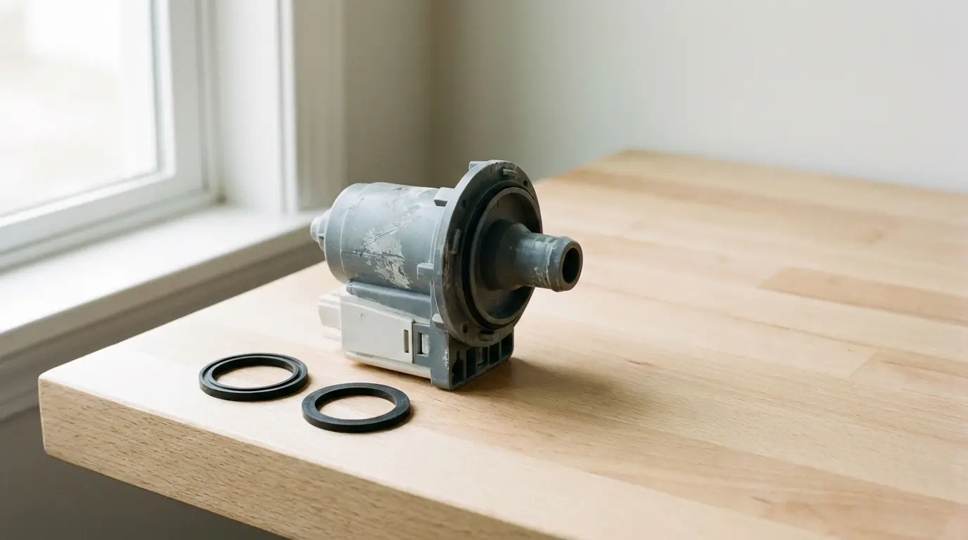 Mechanical pump component with rubber gaskets on wooden table in natural light