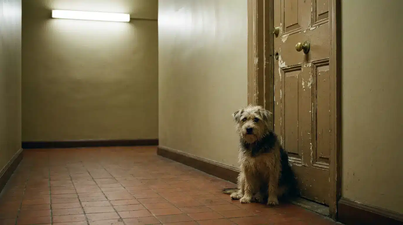 Dog sitting by a worn wooden door in dimly lit hallway with tiled floor