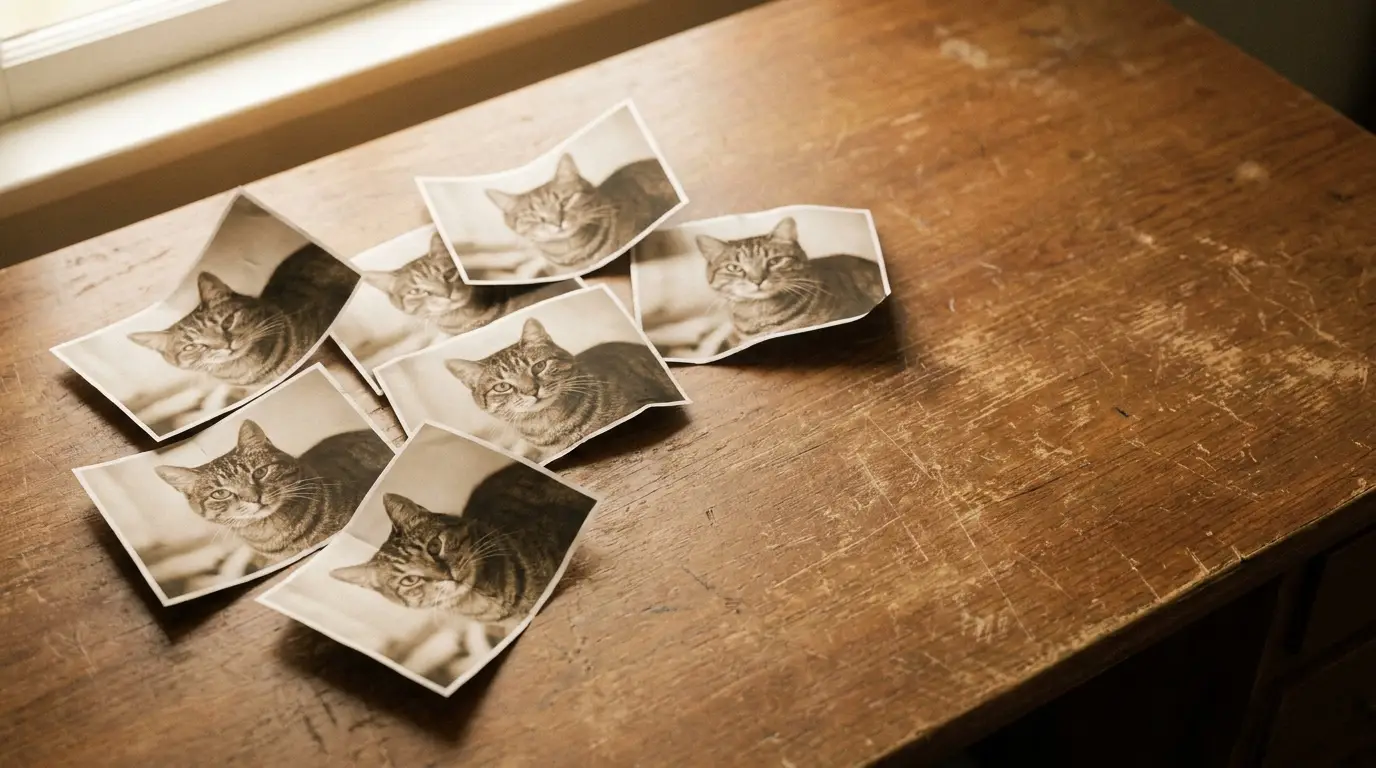 Sepia-toned cat photographs scattered on a wooden table near a window