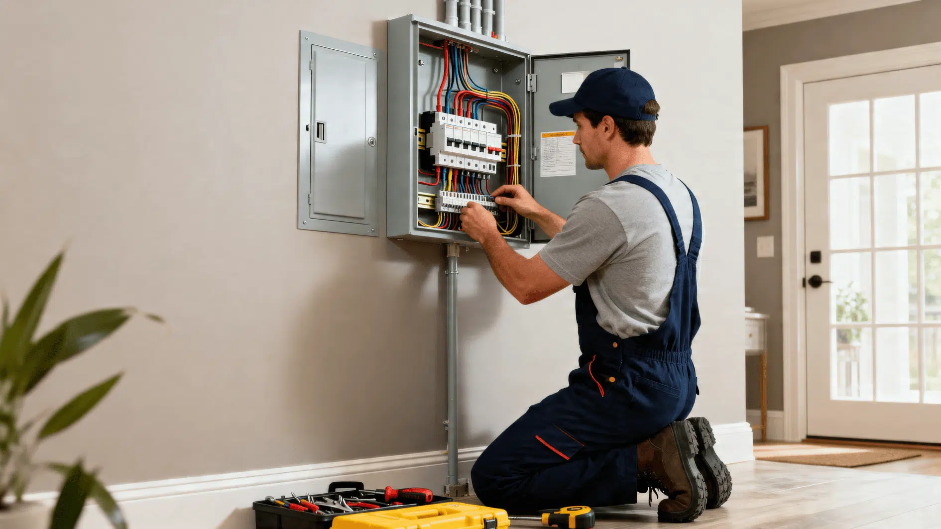 electrician installing electrical panel in home, connecting wires and breakers with tools during residential upgrade