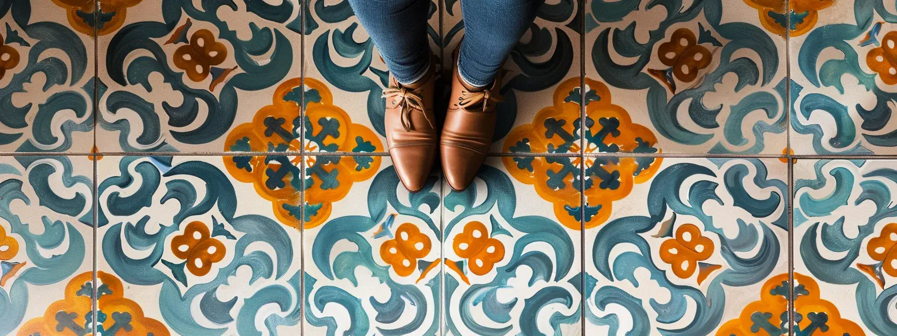 Brown shoes on colorful patterned tiles with blue and orange designs