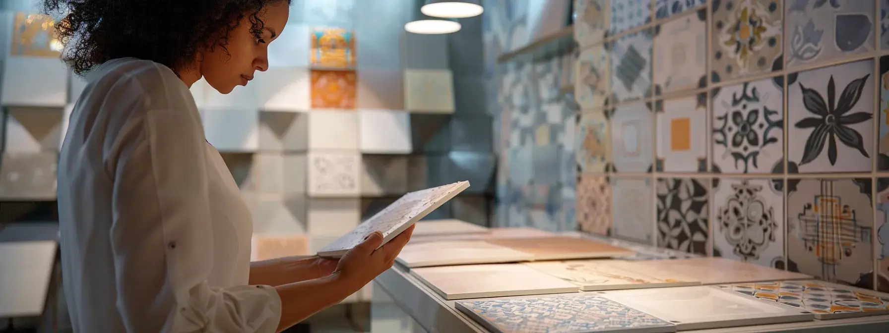 Person examining decorative tile samples in a well-lit showroom with patterned wall display