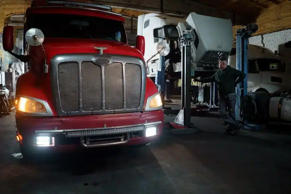 Red semi-truck parked in dimly lit garage with mechanic and raised cab nearby