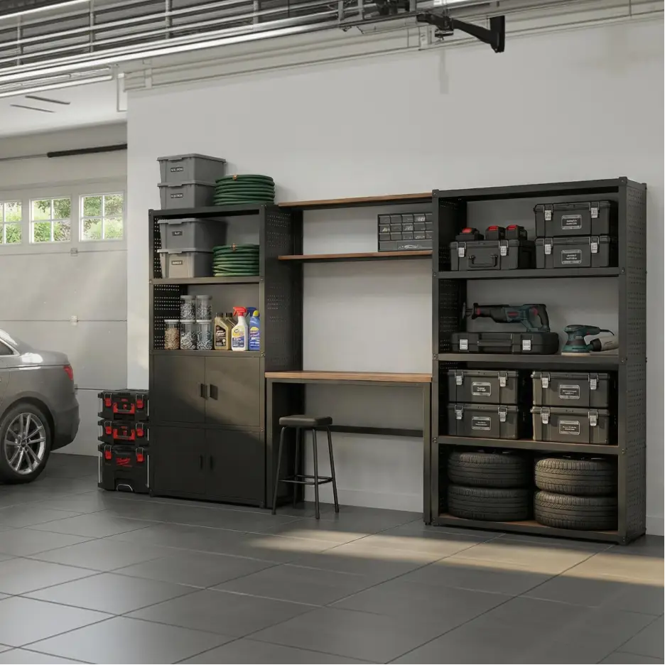 Organized garage storage with shelves, toolboxes, and stacked tires in a tidy workspace.
