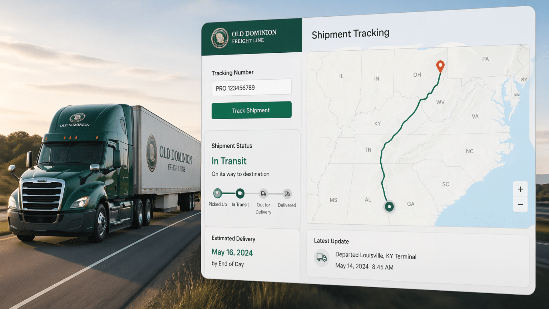 freight truck with digital tracking map showing shipment route and real time status on a modern logistics interface