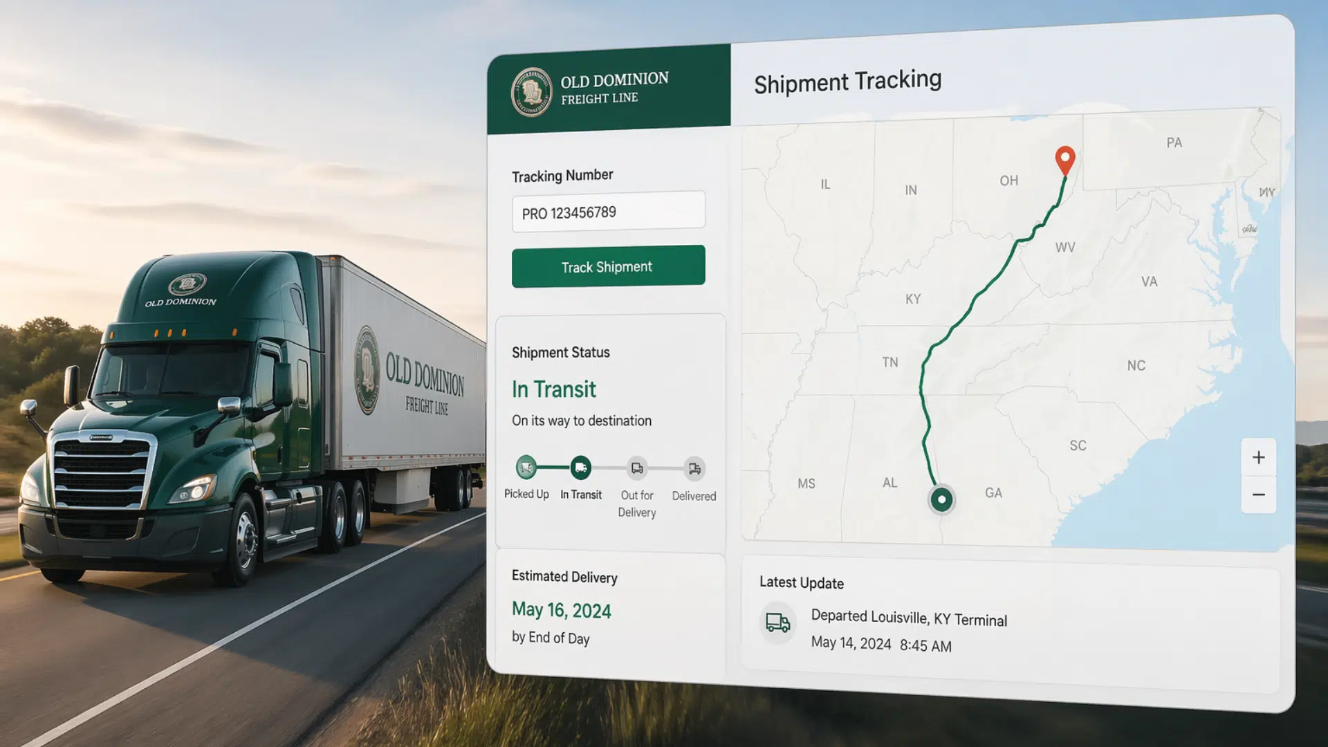 freight truck with digital tracking map showing shipment route and real time status on a modern logistics interface