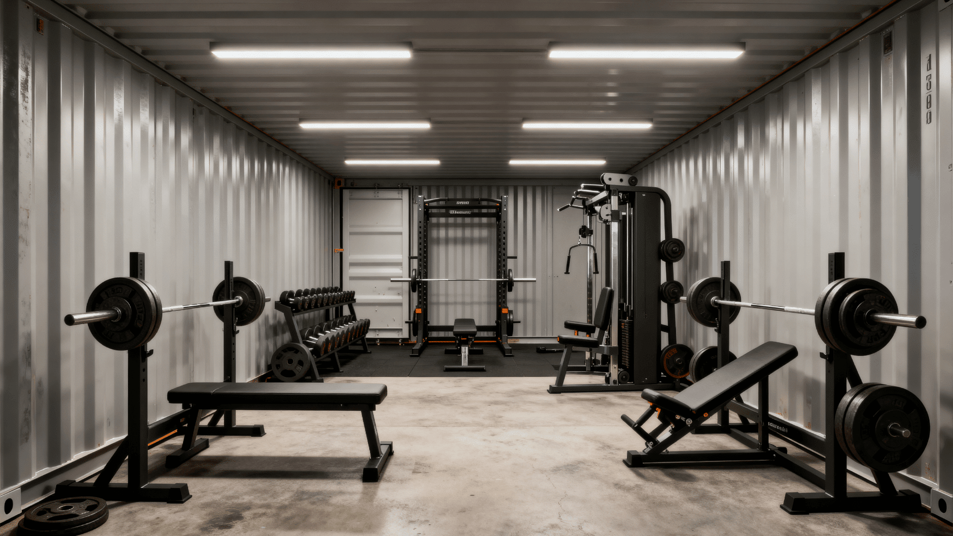 fully equipped container gym with bench press, squat rack, and weights, designed for complete strength and fitness training indoors
