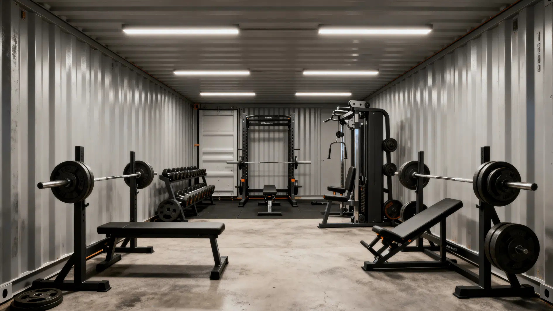 fully equipped container gym with bench press, squat rack, and weights, designed for complete strength and fitness training indoors
