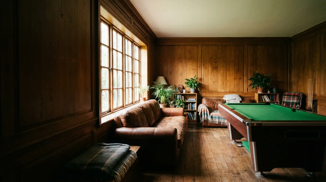 Cozy wooden room with pool table, leather sofas, and plants by a large window
