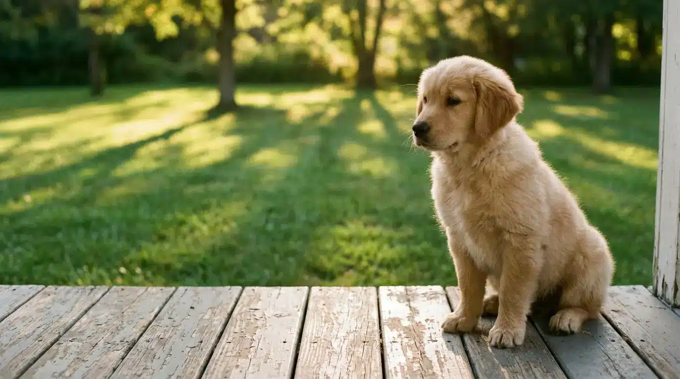 Golden retriever puppy sitting on wooden porch with green lawn and trees in background