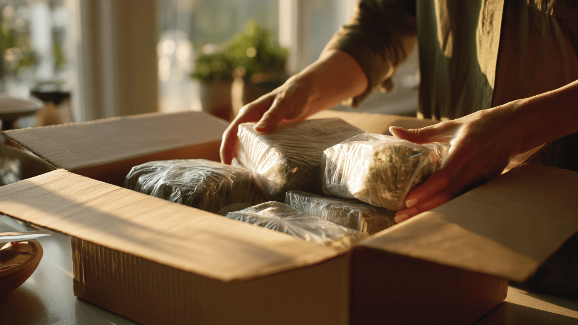 hands placing wrapped food items into insulated cardboard box for safe delivery