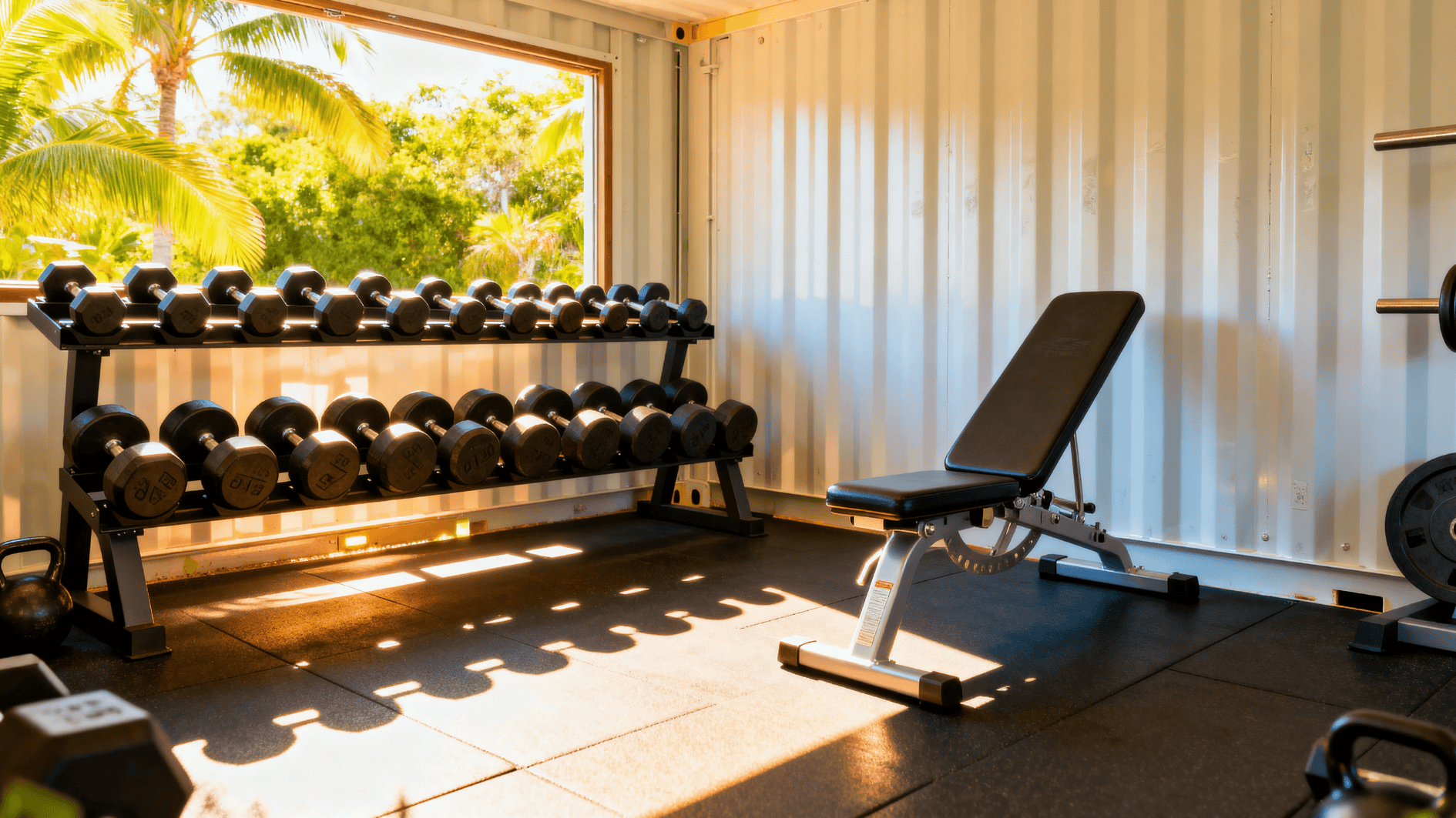 home container gym with dumbbells, bench, and tropical outdoor view, showcasing compact fitness setup with natural sunlight
