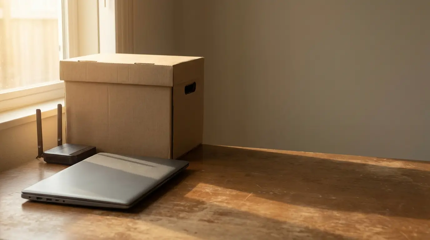 Cardboard box, closed laptop, and wireless router on wooden desk in sunlit room