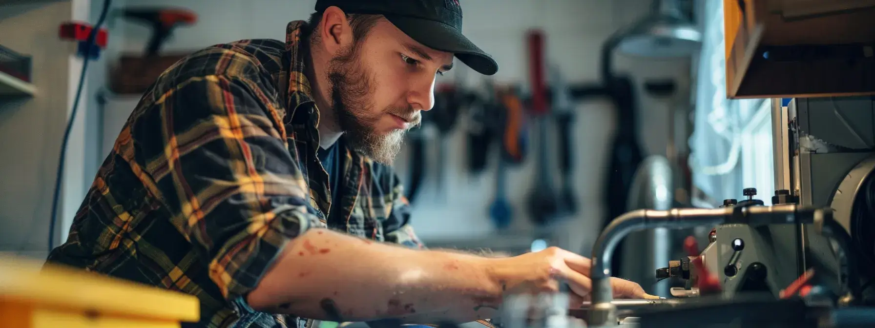 Person in plaid shirt working with machinery in a garage workshop, focused expression