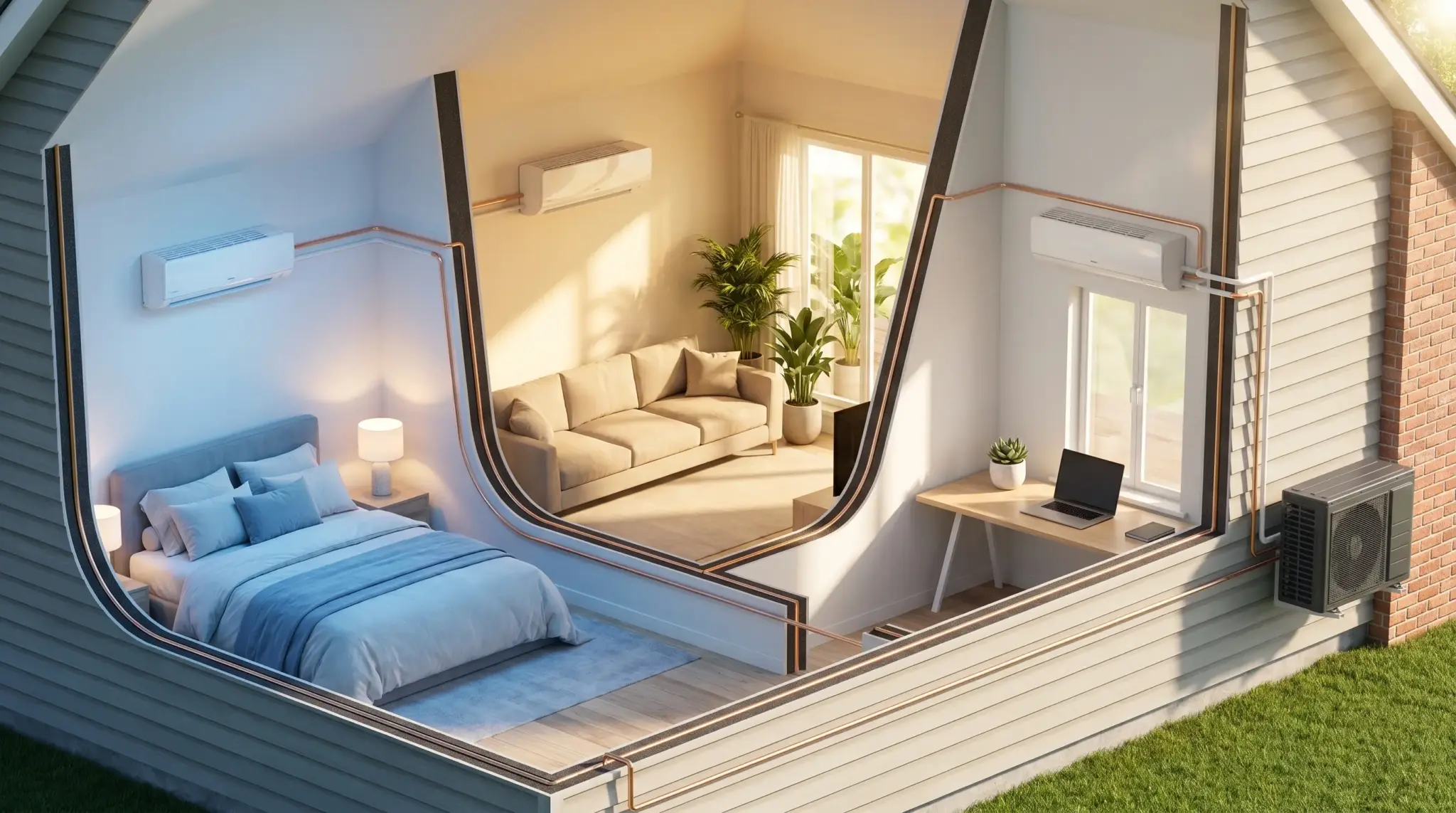 Cutaway view of house showing air conditioning system in bedroom, living room, and home office