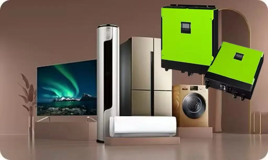 Home appliances including a refrigerator, washing machine, and inverter displayed in a showroom setting