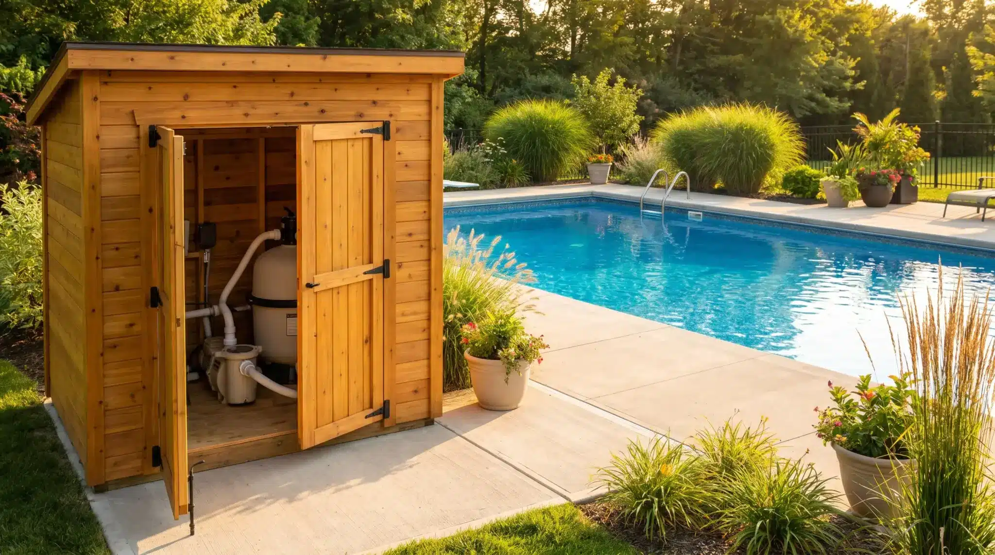 Wooden pool pump shed beside outdoor swimming pool with lush greenery and potted plants