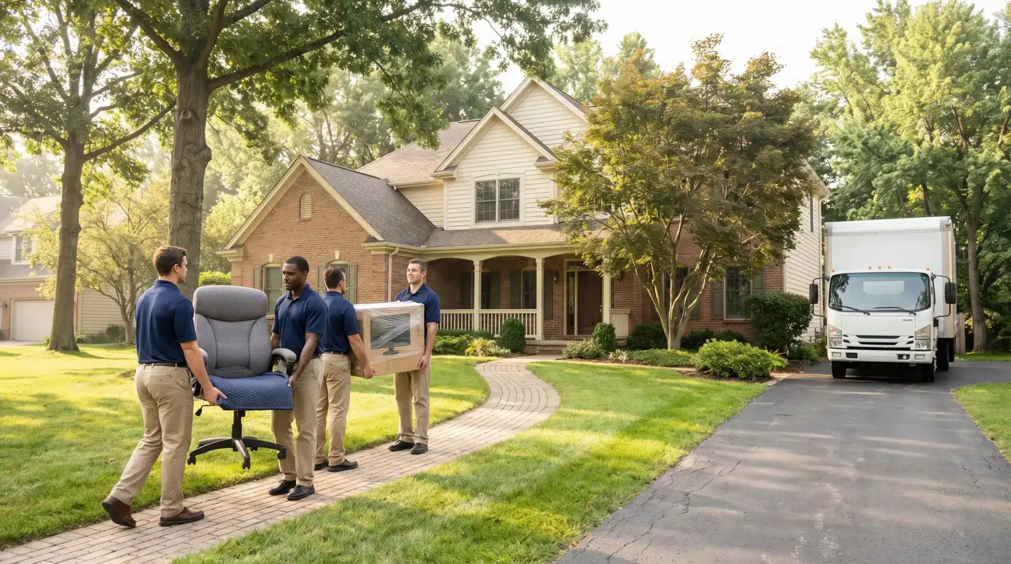 Moving crew carrying furniture and boxes in front of brick house with moving truck nearby