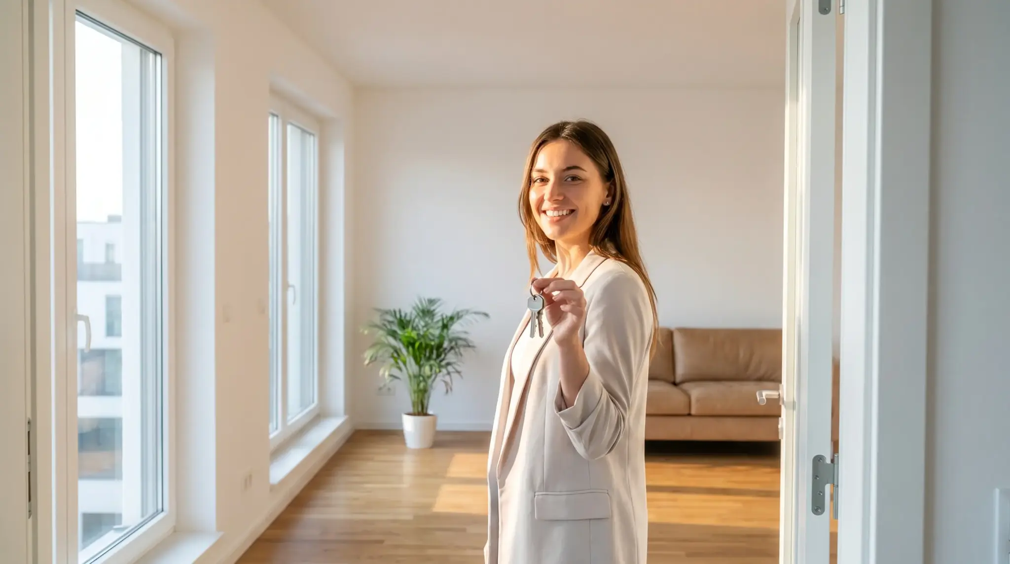 Woman holding keys in bright, empty room with large windows and potted plant