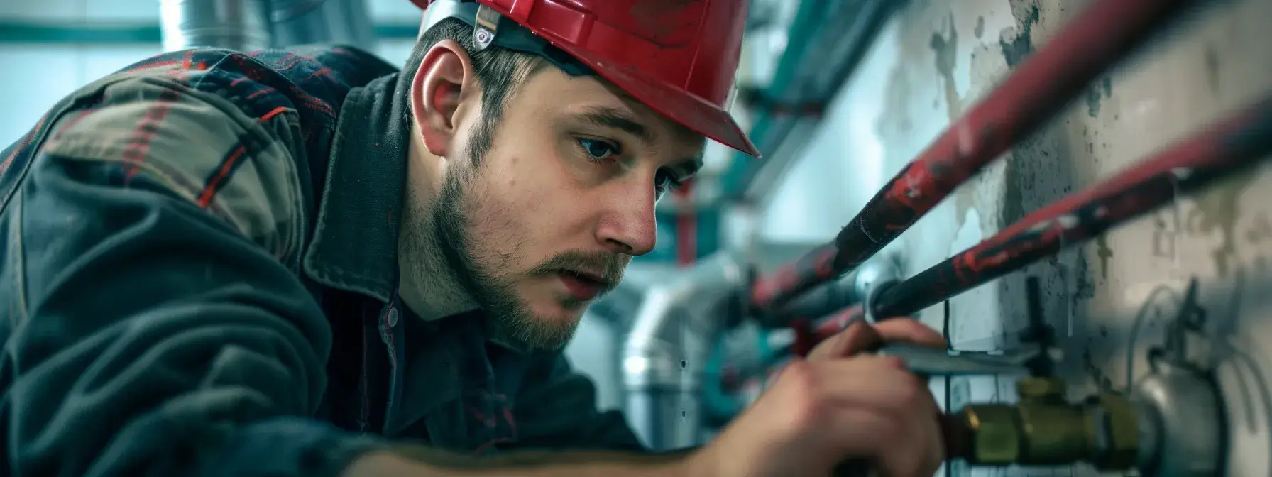 Worker in red hard hat adjusting pipes in an industrial setting